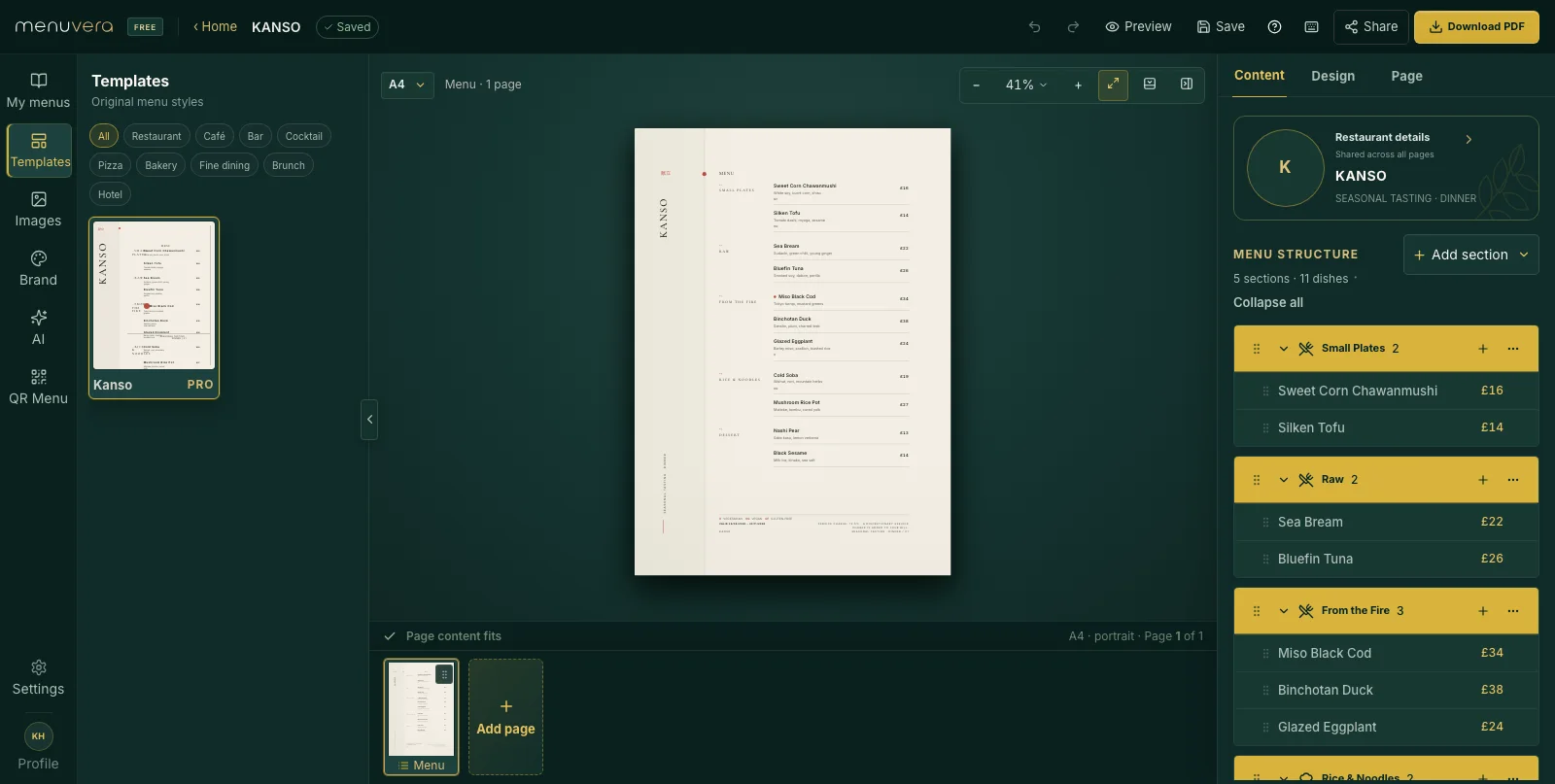 The Menuvera editor with its menu canvas, page thumbnails, and structured dish controls